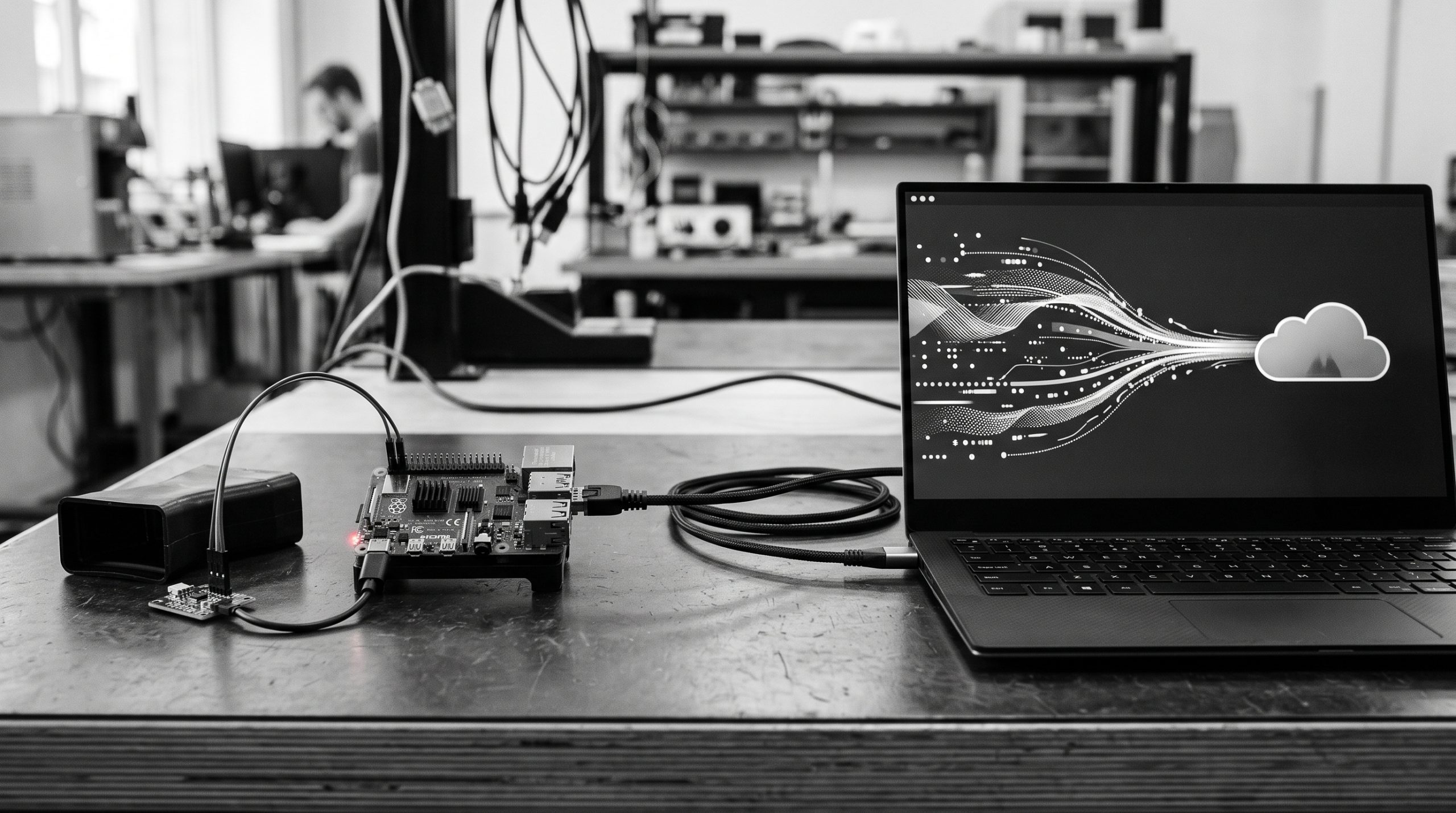 Monochrome technical illustration for Send Raspberry Pi Sensor Data to a REST API