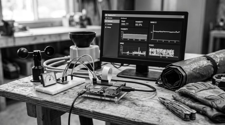 Monochrome technical illustration for Raspberry Pi Weather Sensor Dashboard