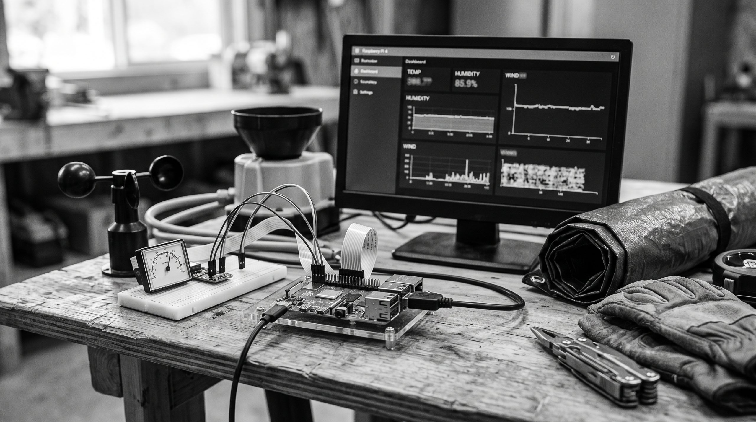 Monochrome technical illustration for Raspberry Pi Weather Sensor Dashboard