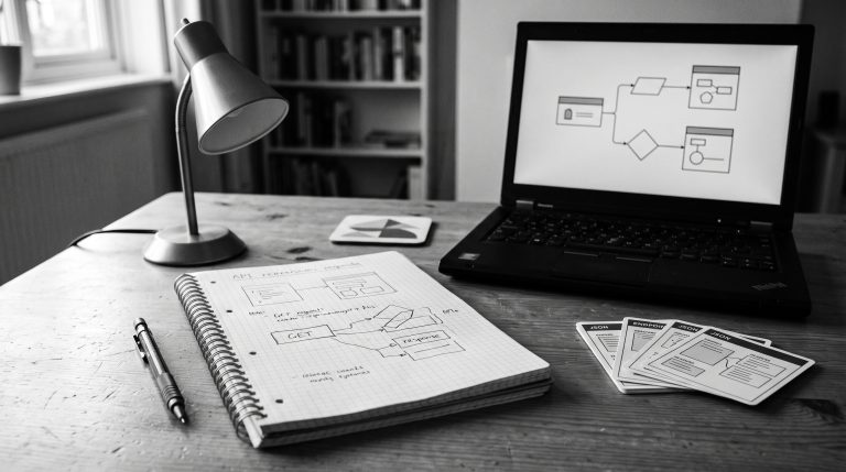 Monochrome technical learning workspace with notebook and abstract API diagrams