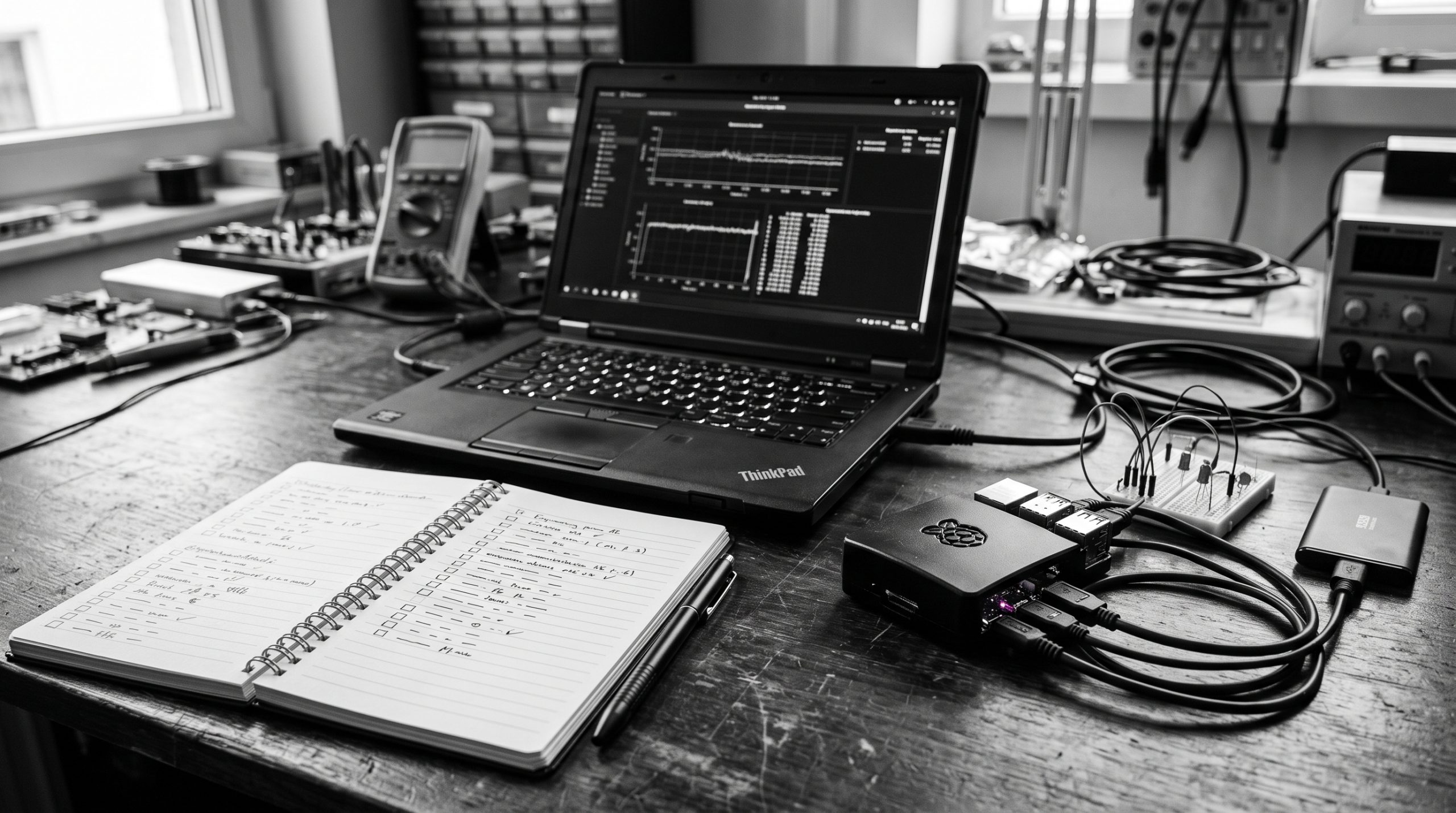 Monochrome technical illustration for Production Checklist for a Connected Project