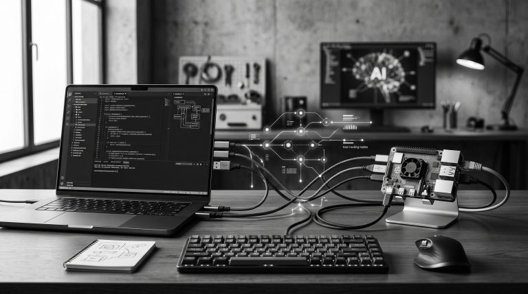 Monochrome technical illustration for Connect an AI Agent with MCP
