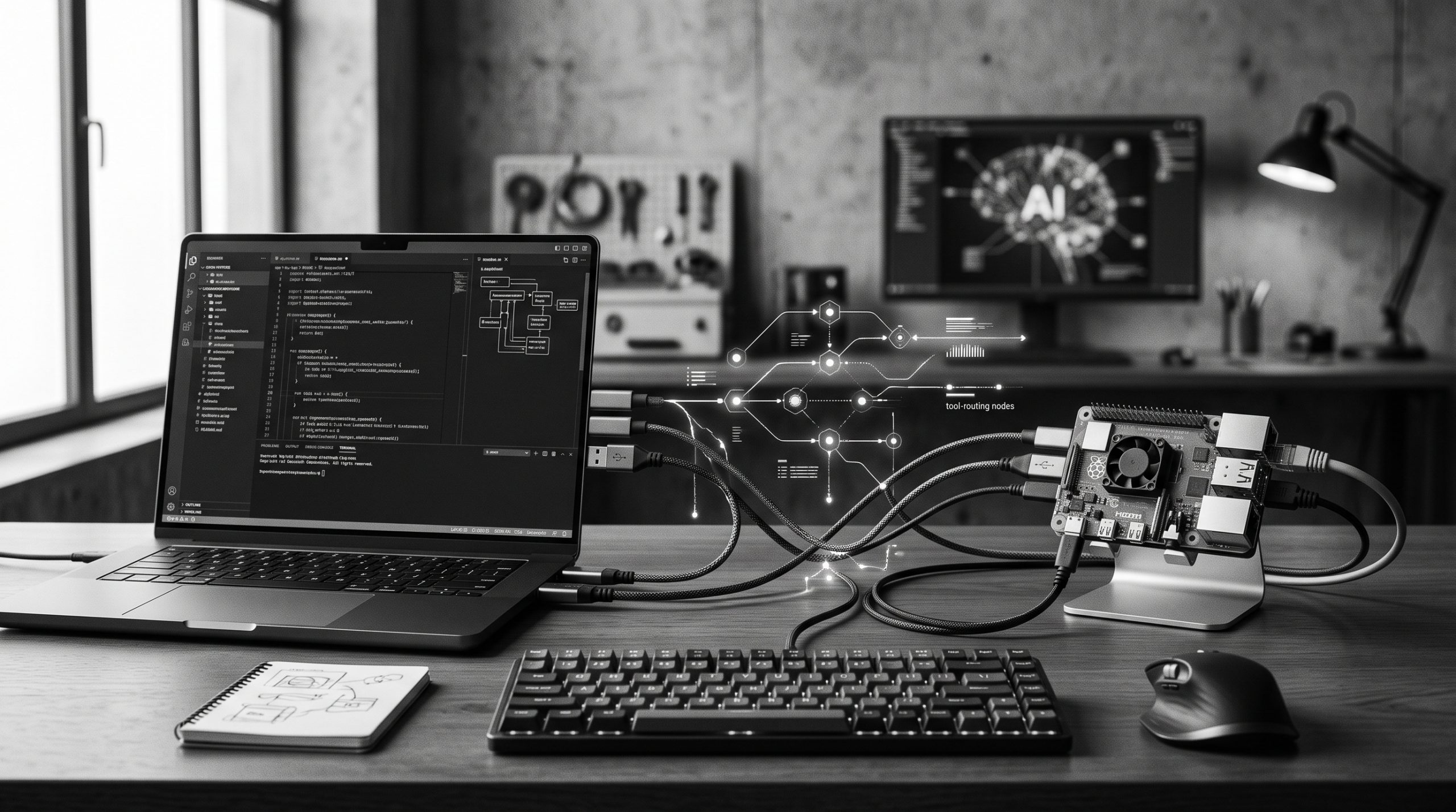 Monochrome technical illustration for Connect an AI Agent with MCP