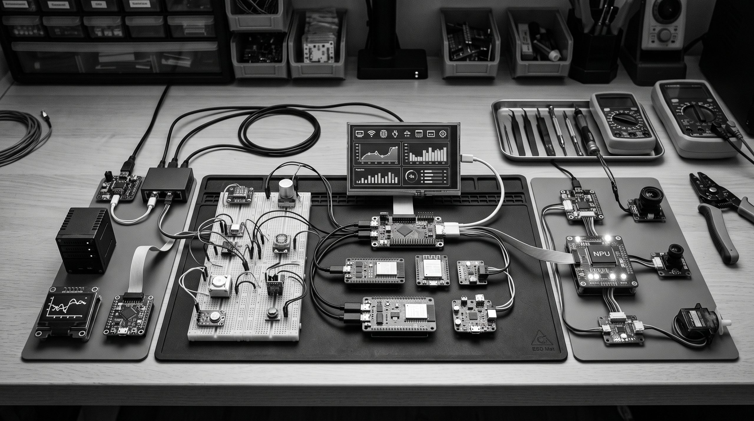Monochrome technical illustration for Example Projects