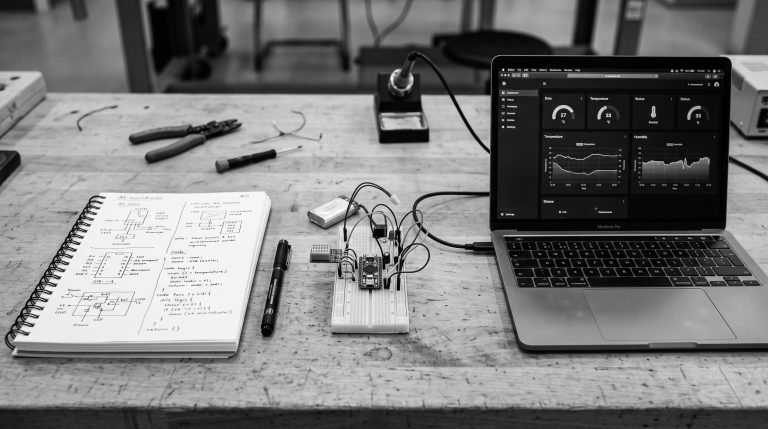 Monochrome technical illustration for Build Your First Connected Project