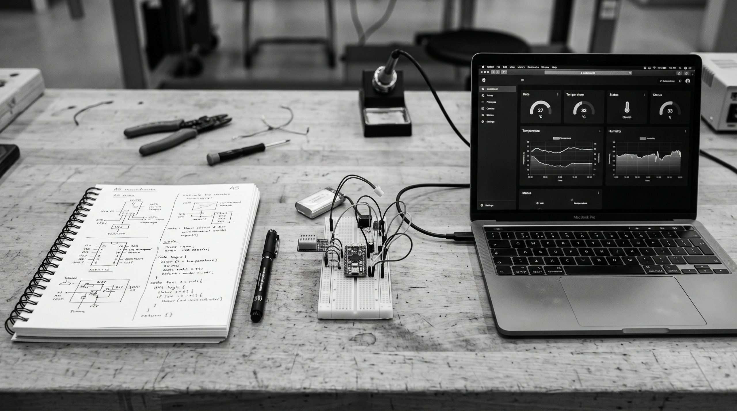 Monochrome technical illustration for Build Your First Connected Project