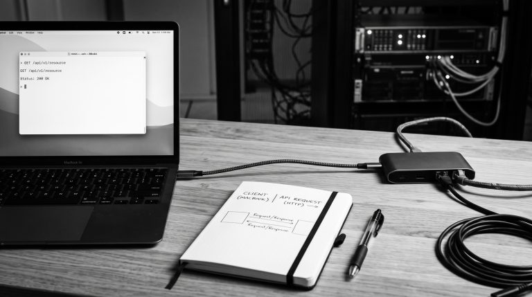 Monochrome technical illustration for What Is an API?
