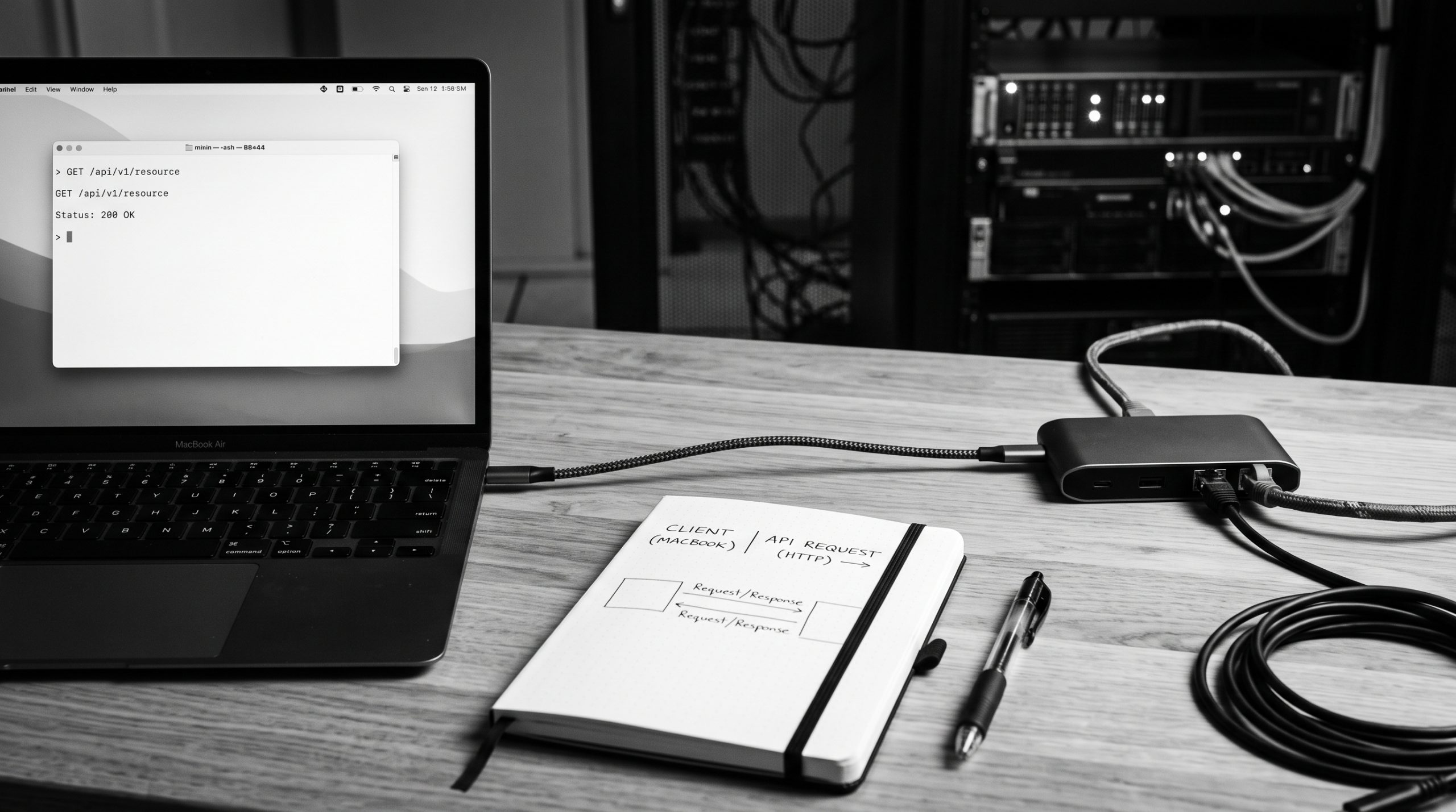 Monochrome technical illustration for What Is an API?