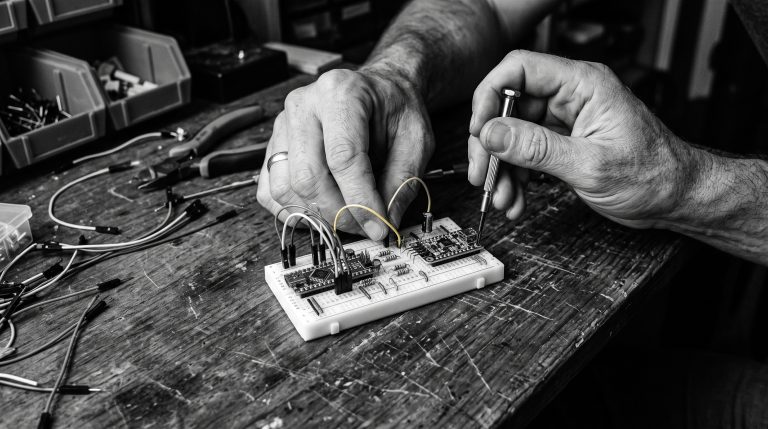 Monochrome maker workbench with breadboard, jumper wires, and sensor project