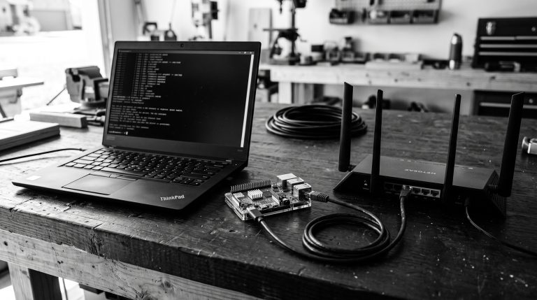 Monochrome technical illustration for Raspberry Pi Wi-Fi and SSH