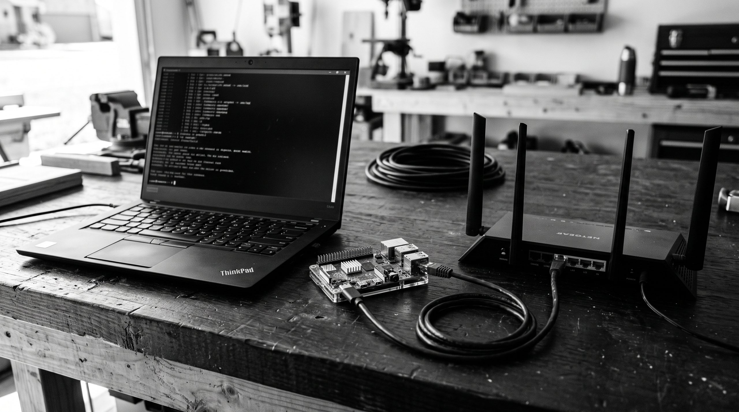 Monochrome technical illustration for Raspberry Pi Wi-Fi and SSH