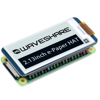 Waveshare 2.13-inch V4 e-paper HAT with a 250 by 122 pixel display and 40-pin Raspberry Pi header