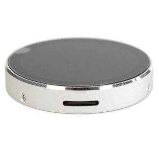 DFRobot DFR1221 round ESP32-S3 touchscreen development board in its silver enclosure